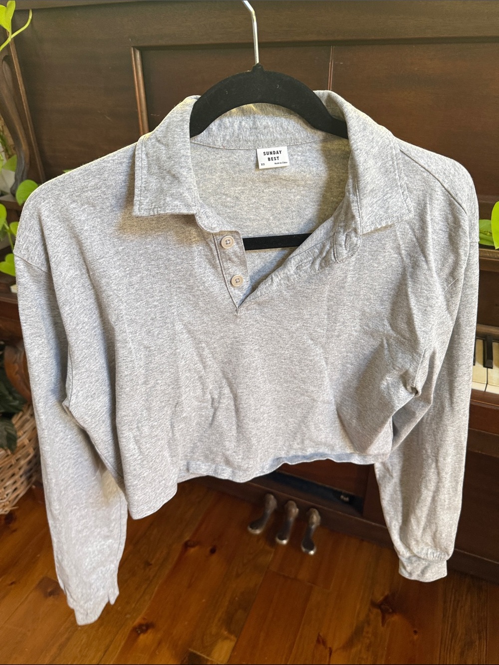 Sunday Best Gray Cropped Polo Long Sleeve Top